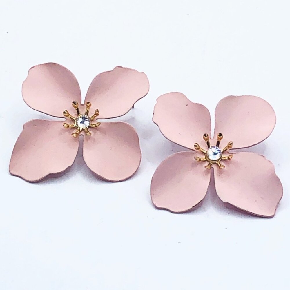 Pink Dogwood Blossom Post Earrings with Gold Tone Stamens Center Rhinestone